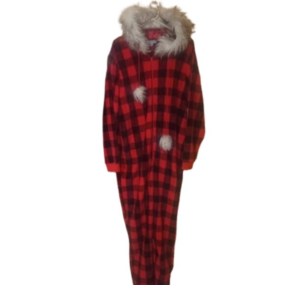 ULTRA SOFT Red Plaid Checked Hooded Pajama PJ Onesie Size 1X - Picture 2 of 4